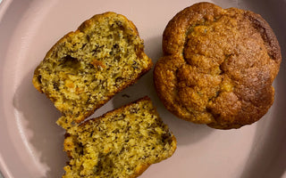 Fresh muffin sliced on pink plate, ideal for mess-free mealtime with easy cleanup